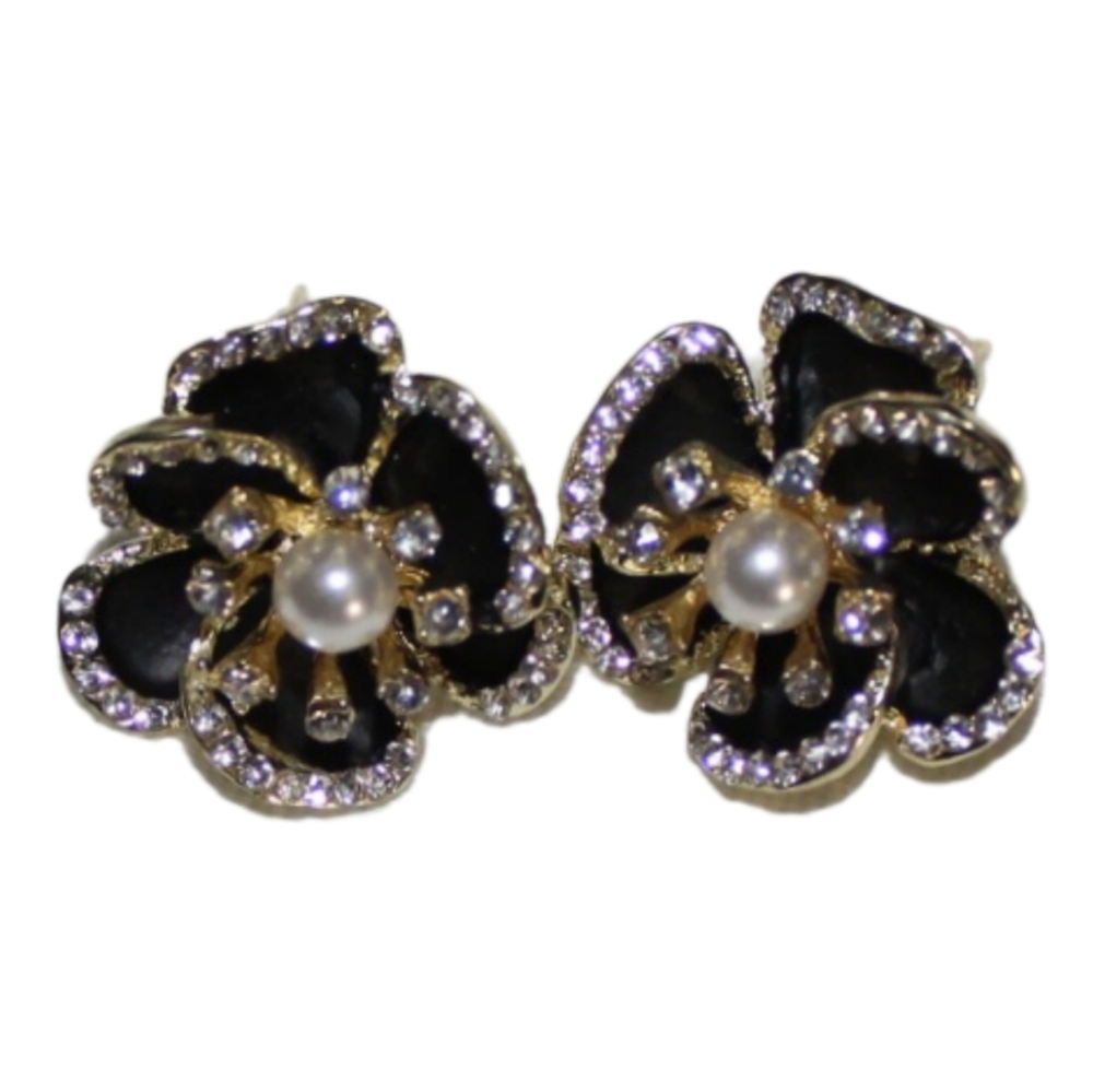 Rhinestone Flower Pearl Earrings - Picture 4 of 16